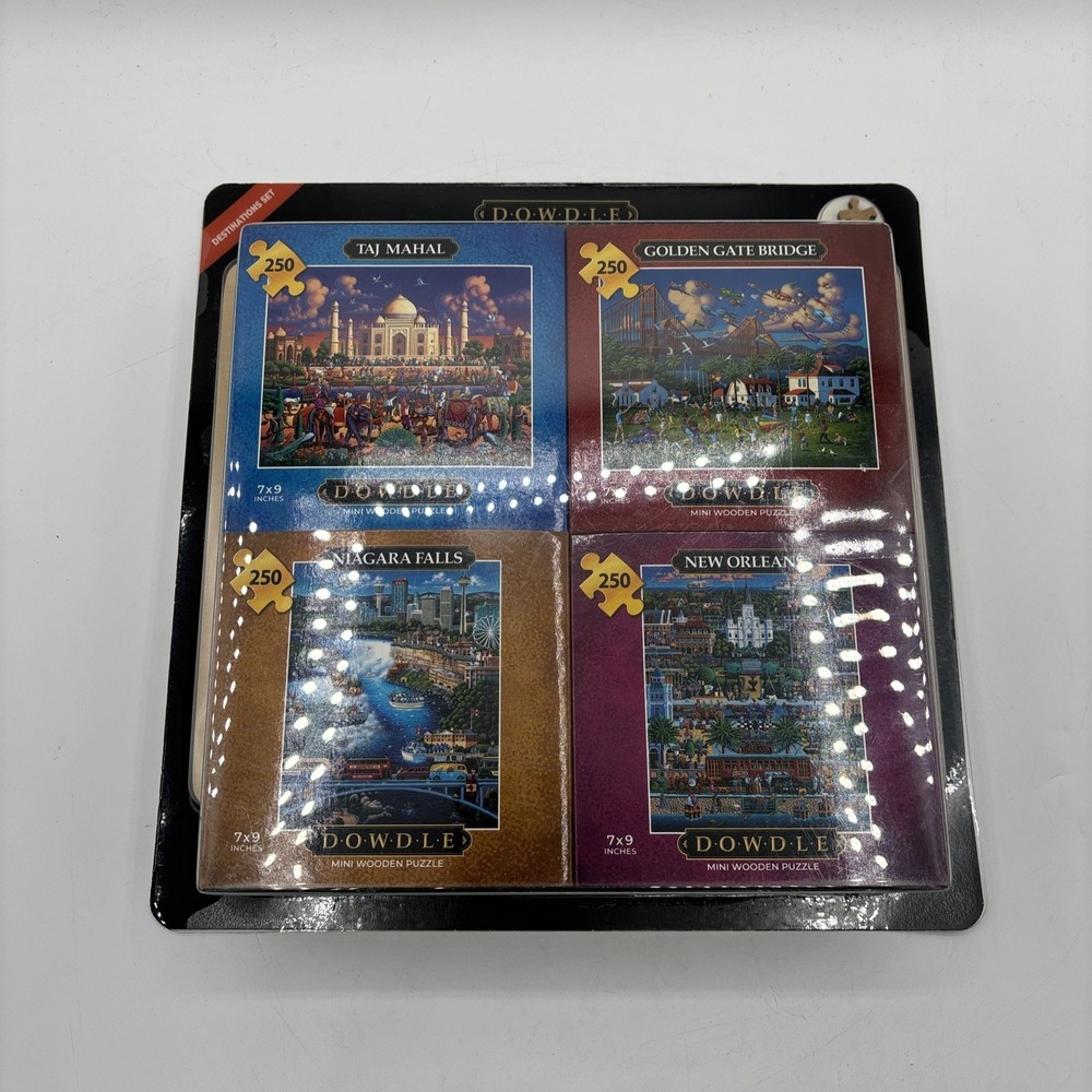 DOWDLE 4-Pack Mini Wooden Puzzles & Tray Destinations Set 7"x9" Each Brand New